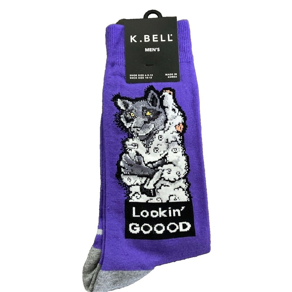 K. Bell Mens Lookin GOOOD Wolf in Sheeps Clothing Crew Socks Purple Size 10-13